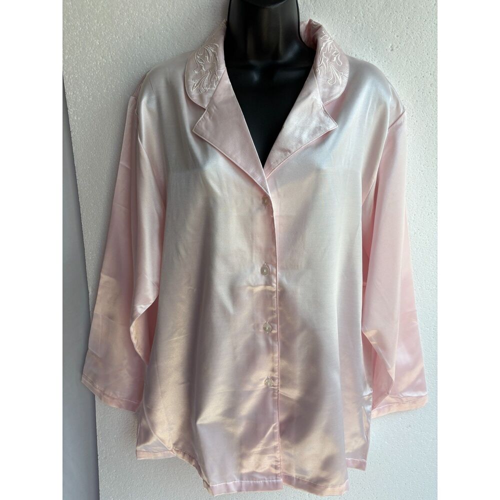 Allison Rhea Pink Blush Satin Button Up Embroidered Floral Collar Nightgown M